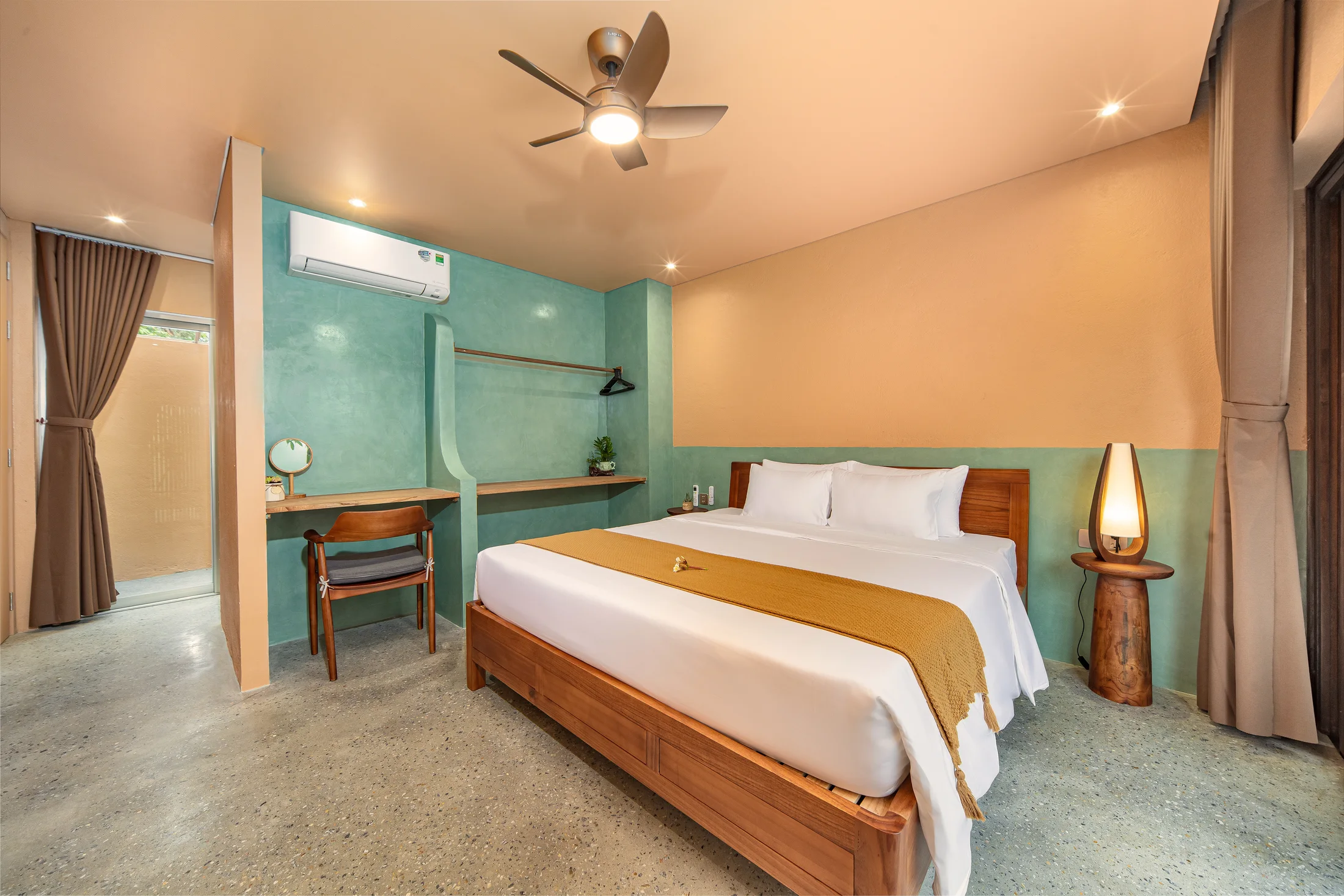 Serene king bedroom with handcrafted wood furniture
